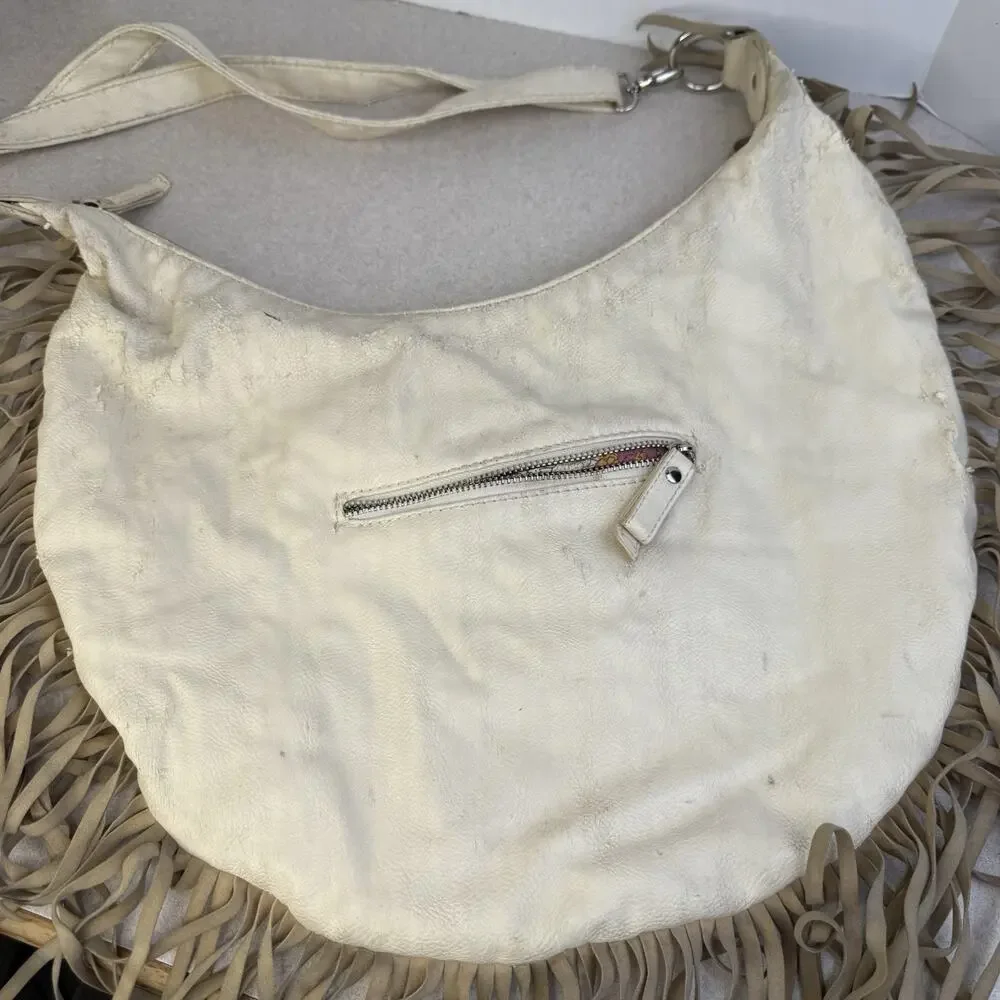Vintage Womens Western Boho Fringe Ivory Colored‎ Purse Bejeweled Zipper